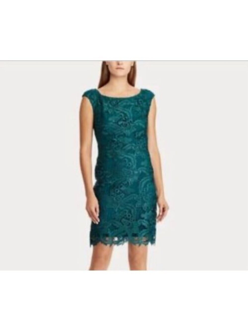 Ralph Lauren Sz 12 Emerald Green Lace Overlay Cocktail Dress Sheath Cap Sleeve